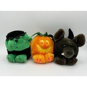 Vtg Puffkins Halloween STITCH Smash Ding FRANKENSTEIN MONSTER Pumpkin Bat Plush